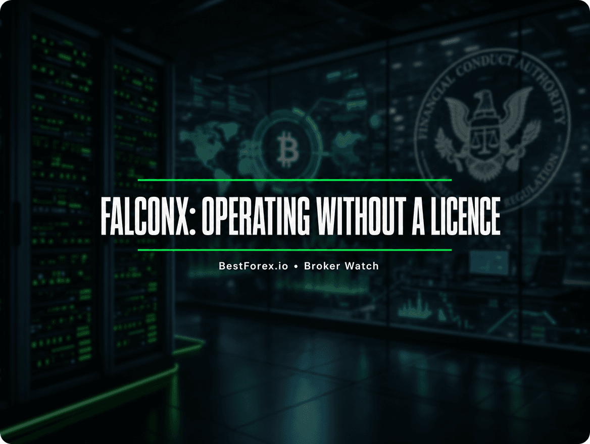 Cryptocurrency server infrastructure behind a regulatory barrier — FalconX CFTC enforcement. BestForex.io Broker Watch.