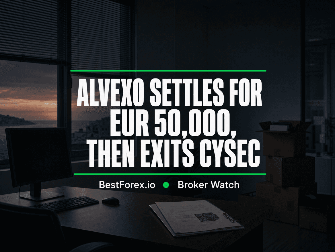 Emptied Mediterranean brokerage office at dusk, a dark CFD trading screen on a bare desk beside a stamped regulatory document and moving boxes — Alvexo operator settles with CySEC for €50,000 then exits. BestForex.io Broker Watch.