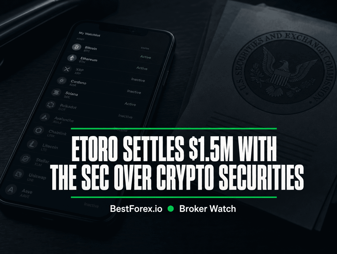 Dark desk with a glowing retail trading app showing a long crypto token list mostly greyed out and a shadowed US SEC seal on a document beside it — eToro settles $1.5 million with the SEC over crypto securities. BestForex.io Broker Watch.