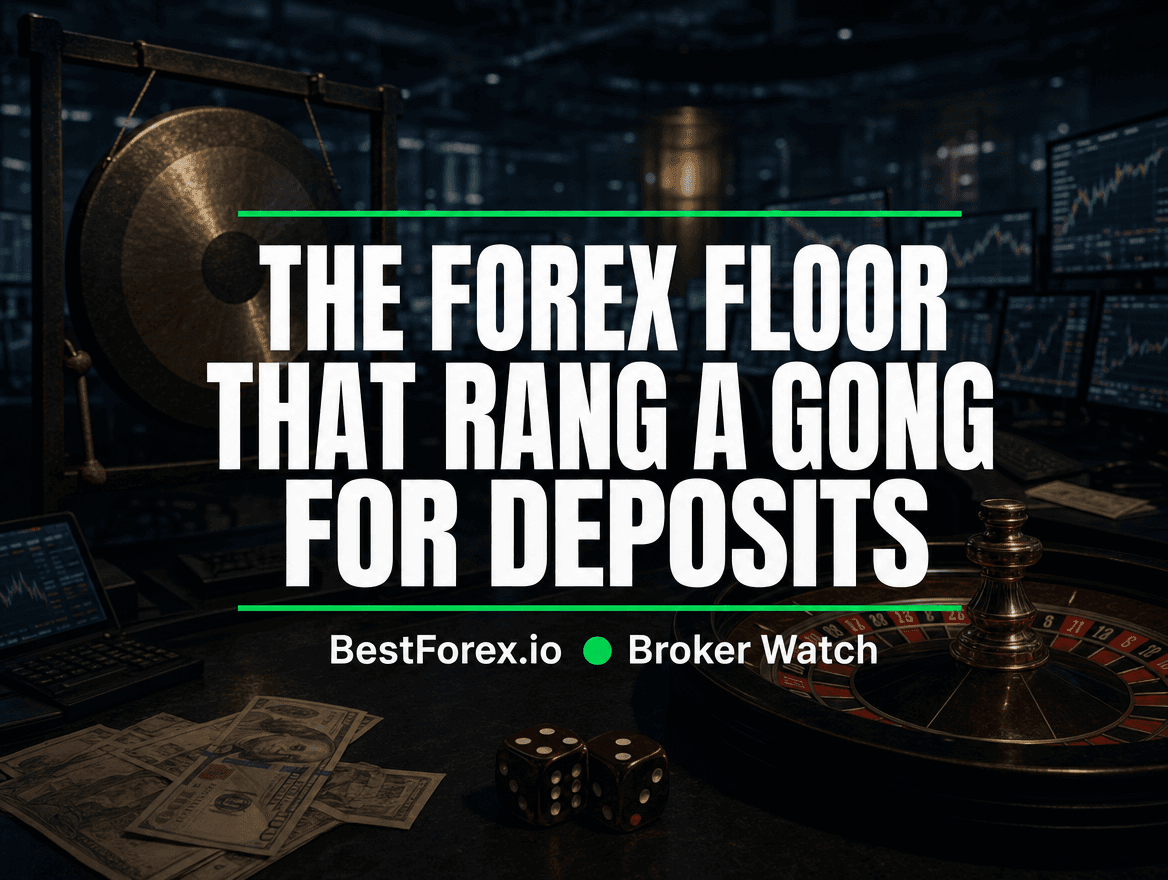 Dim night trading floor with a large brass gong on a stand, a glowing roulette wheel and dice on a desk among trading screens and scattered banknotes — Forex CT hit with a $20 million ASIC penalty for casino-style sales. BestForex.io Broker Watch.