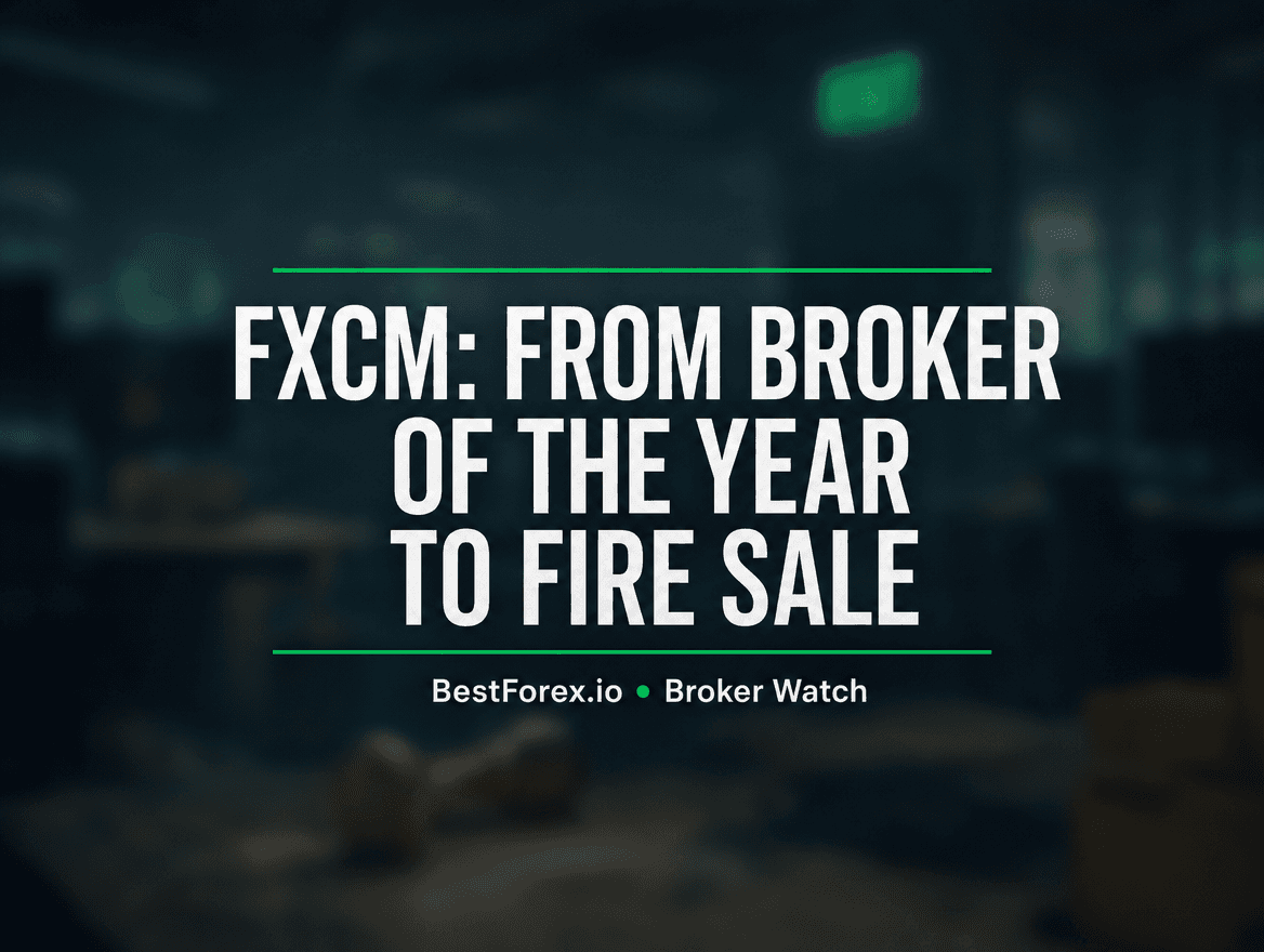 FXCM award trophy toppled on empty trading floor — BestForex.io Broker Watch editorial cover for fire sale analysis