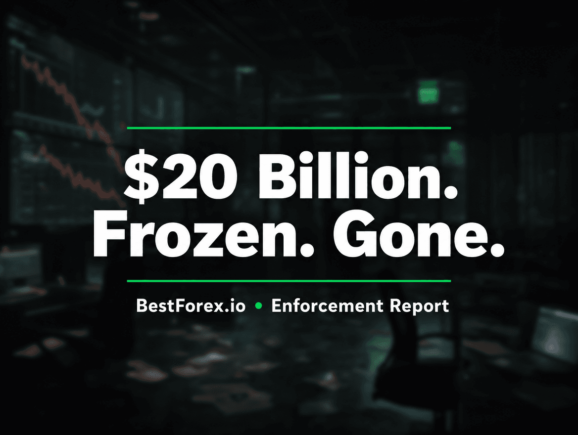 Dark trading floor with red charts and frozen screens — My Forex Funds CFTC fraud enforcement and asset freeze. BestForex.io Enforcement Report.
