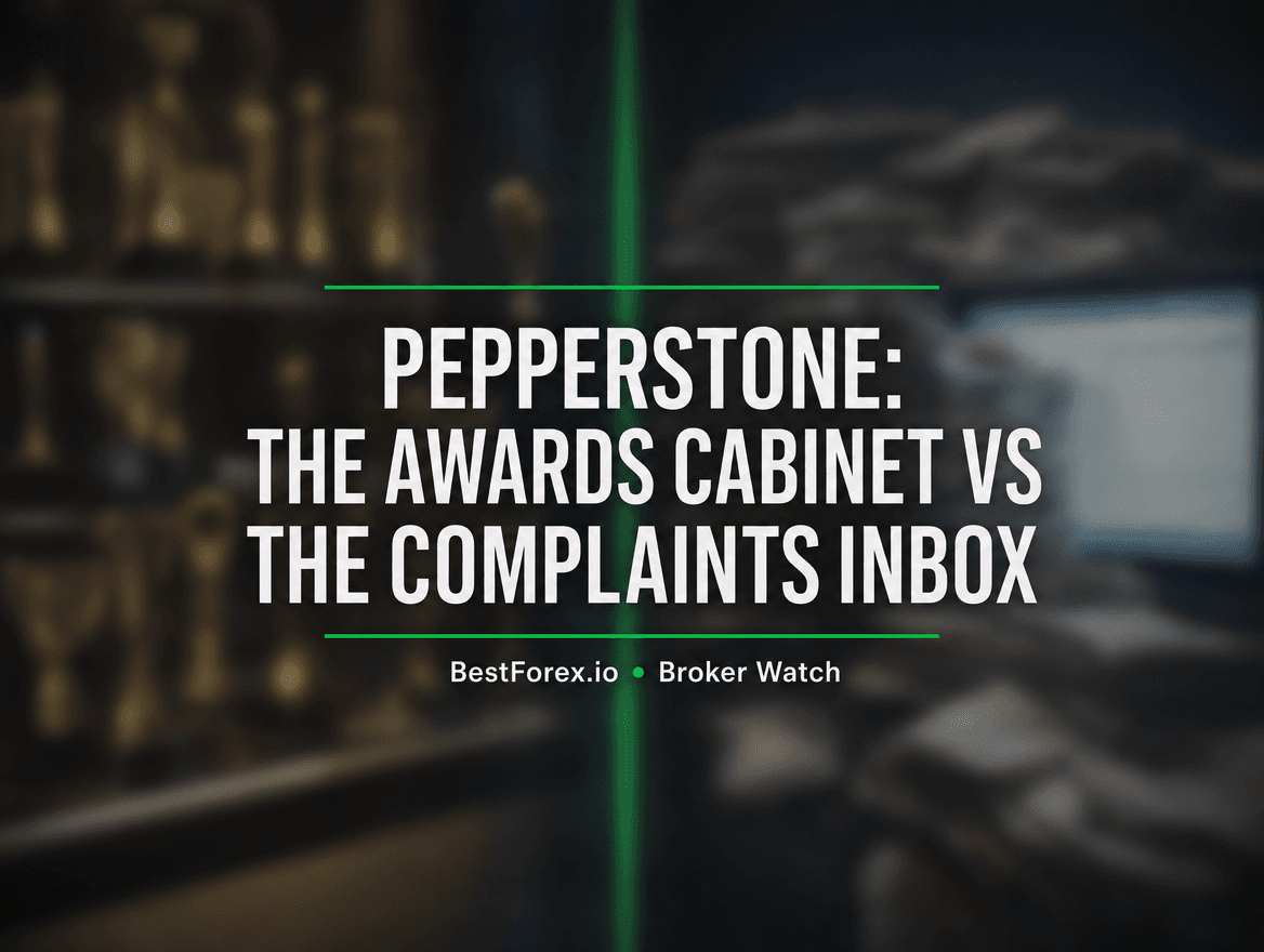 Split-screen of gleaming award trophies versus overflowing complaint letters — BestForex.io Broker Watch editorial comparing Pepperstone's marketing image with user experience
