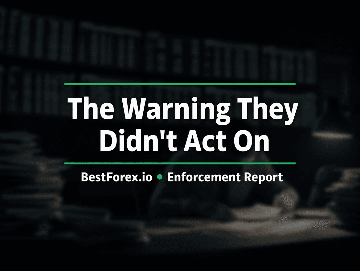 Compliance officer at a dark trading desk reviewing unactioned warning reports — Pictet Overseas FINRA AML enforcement. BestForex.io Enforcement Report.
