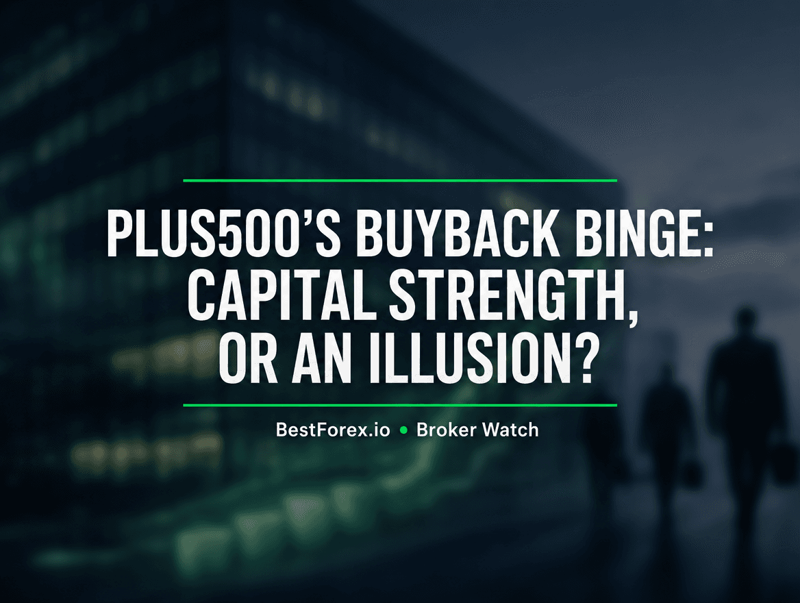 Plus500 corporate headquarters with silhouetted figures — BestForex.io Broker Watch cover image for Plus500 buyback analysis