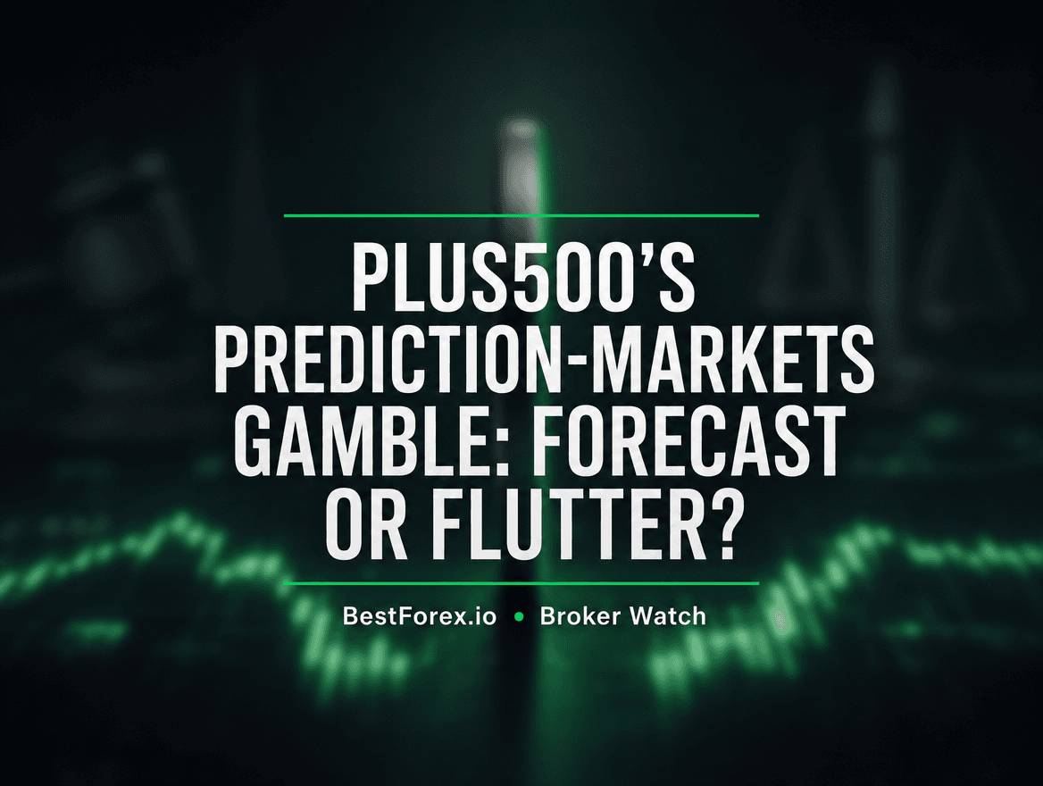 Spinning coin balanced on glowing financial chart with courtroom scales in background — BestForex.io Broker Watch editorial exploring prediction markets regulatory uncertainty