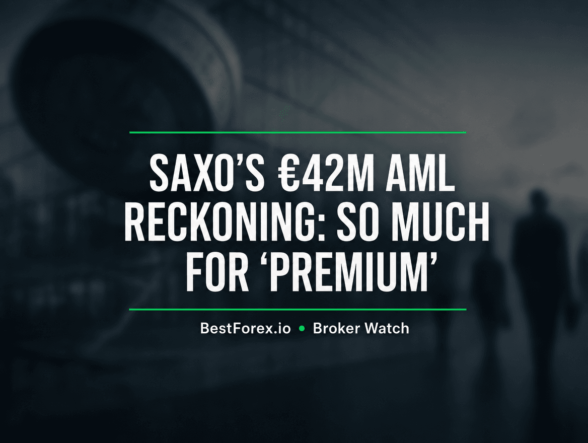 Saxo Bank headquarters with hairline crack — BestForex.io Broker Watch editorial cover for €42m AML reckoning analysis