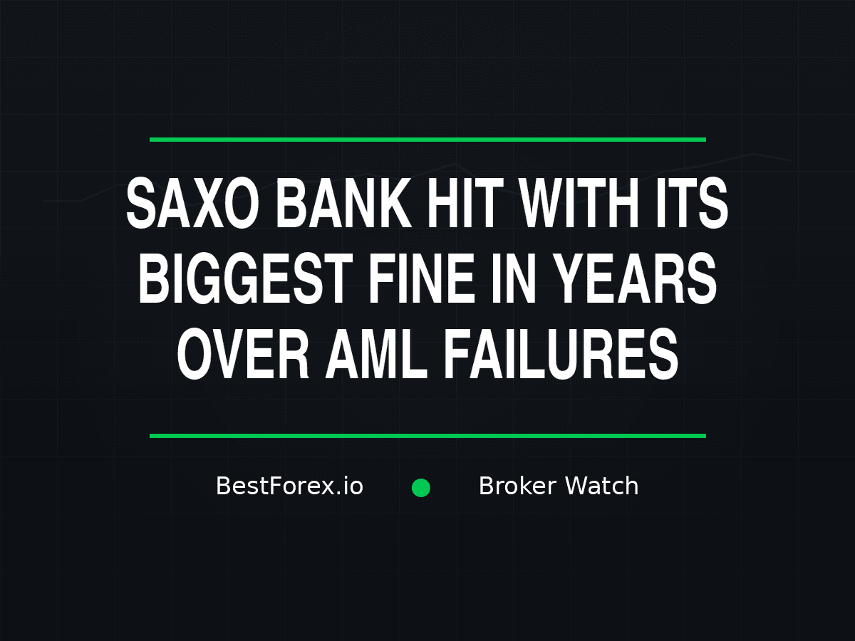 Finanstilsynet enforcement paperwork spread across a Copenhagen compliance desk, Saxo Bank's Nordic trading floor visible through glass behind — DKK 313 million AML fine, the bank's largest penalty in years. BestForex.io Broker Watch.