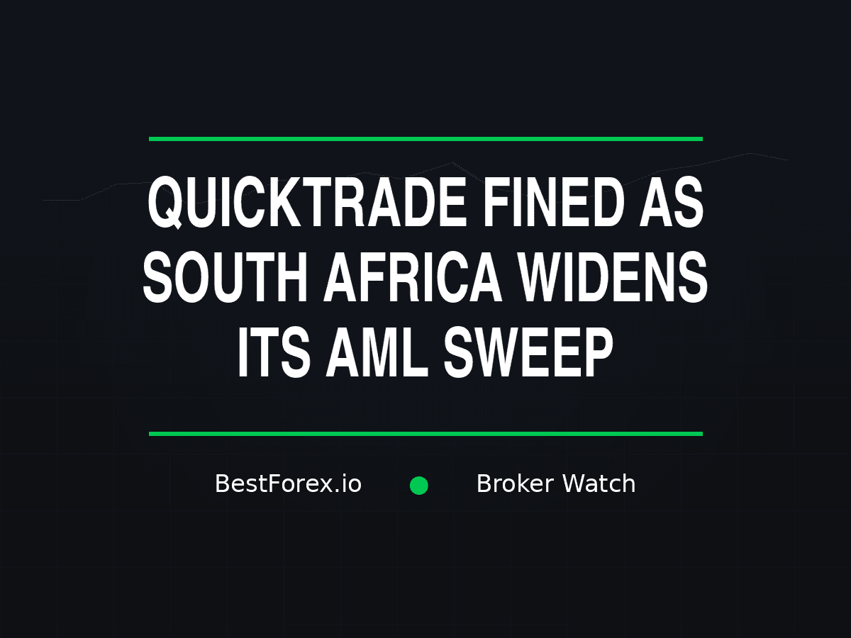 South African FSCA enforcement notice on a compliance officer desk with AML audit files spread out and a QuickTrade trading screen in the background — QuickTrade fined ZAR 710,000 for FIC Act breaches. BestForex.io Broker Watch.