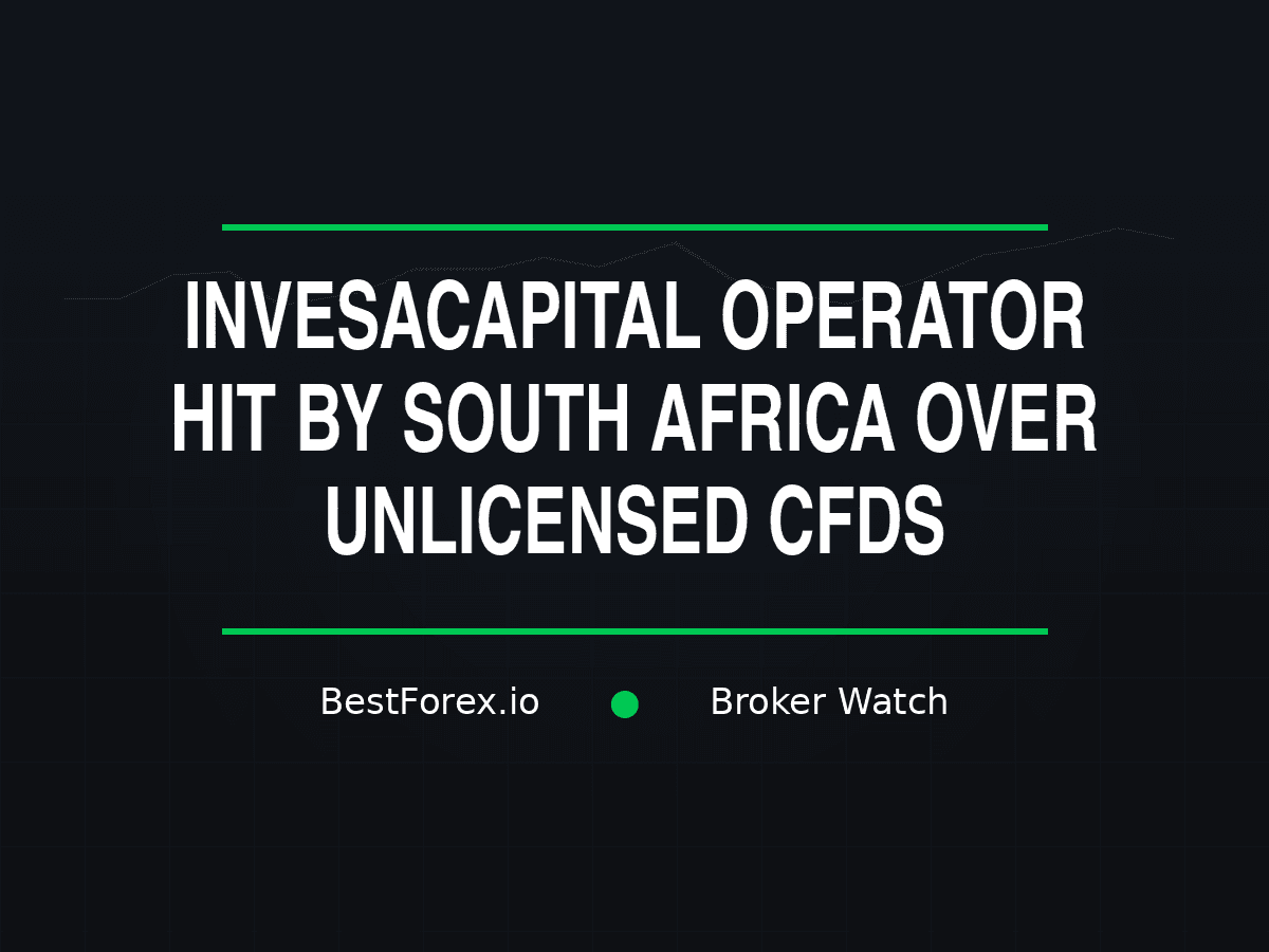 South African financial regulator notice pinned to locked office door, InvesaCapital brand signage visible behind glass, with compliance papers scattered on the floor — FSCA provisionally withdraws Imermarket licence over unauthorised CFD advice. BestForex.io Broker Watch.