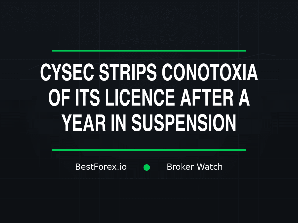 Dark regulatory office in Cyprus with an empty trading desk, a frozen CySEC decision document on screen, and a suspended licence notice pinned to the wall — CySEC withdraws Conotoxia licence after a year in suspension. BestForex.io Broker Watch.