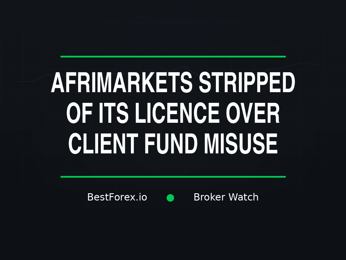 FSCA licence withdrawal notice on the door of a locked South African trading firm, client fund audit files on the floor, AfriMarkets Capital branding visible — FSCA strips AfriMarkets licence over client fund misappropriation. BestForex.io Broker Watch.