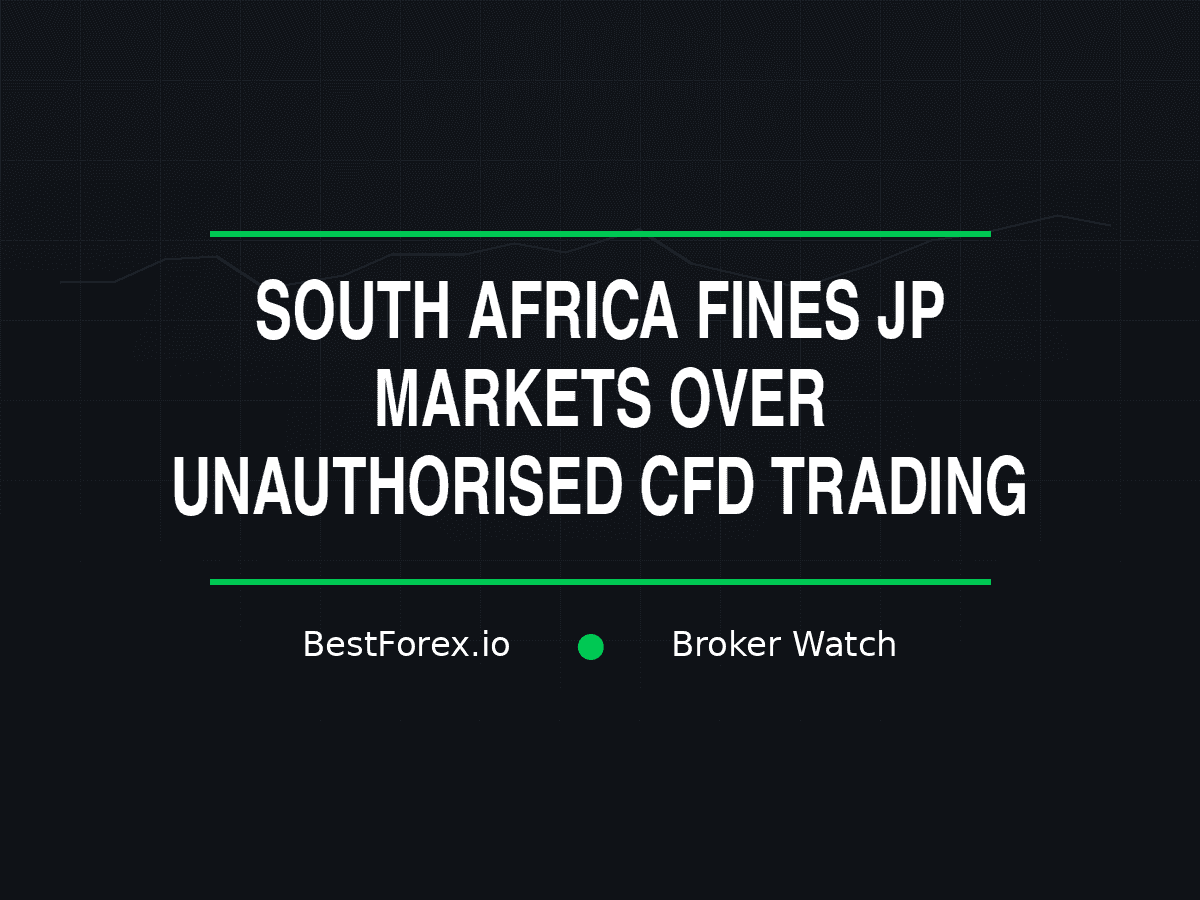 FSCA South Africa enforcement notice on a trading desk with JP Markets branding, OTC derivatives authorisation documents — JP Markets fined 100,000 rand for unauthorised CFD trading. BestForex.io Broker Watch.