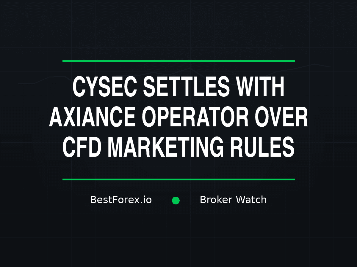 CySEC settlement notice on a marketing compliance desk with Axiance brand materials, CFD distribution rulebook open — Axiance operator settles with CySEC for 100,000 euro over CFD marketing rules. BestForex.io Broker Watch.
