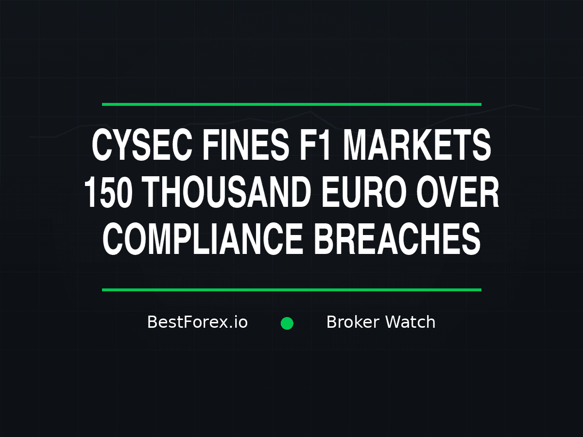 CySEC compliance fine documents alongside FCA suspension notice for F1 Markets, regulatory enforcement papers stacked on a desk — F1 Markets fined 150,000 euro by CySEC after earlier FCA suspension. BestForex.io Broker Watch.