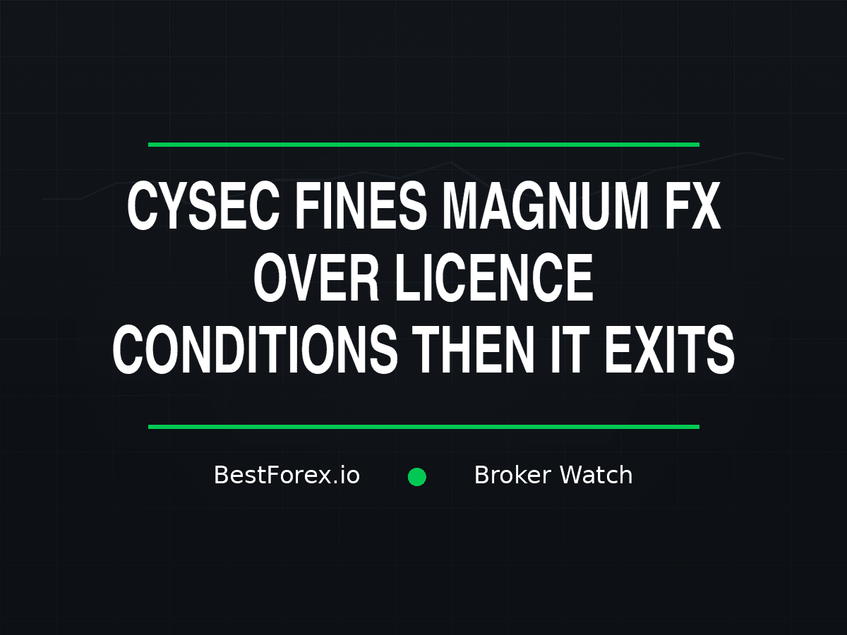 CySEC fine notice on a compliance desk with Magnum FX branding, a withdrawn Cyprus licence certificate and FCA suspension records in background — Magnum FX fined 150,000 euro then hands back Cyprus licence. BestForex.io Broker Watch.