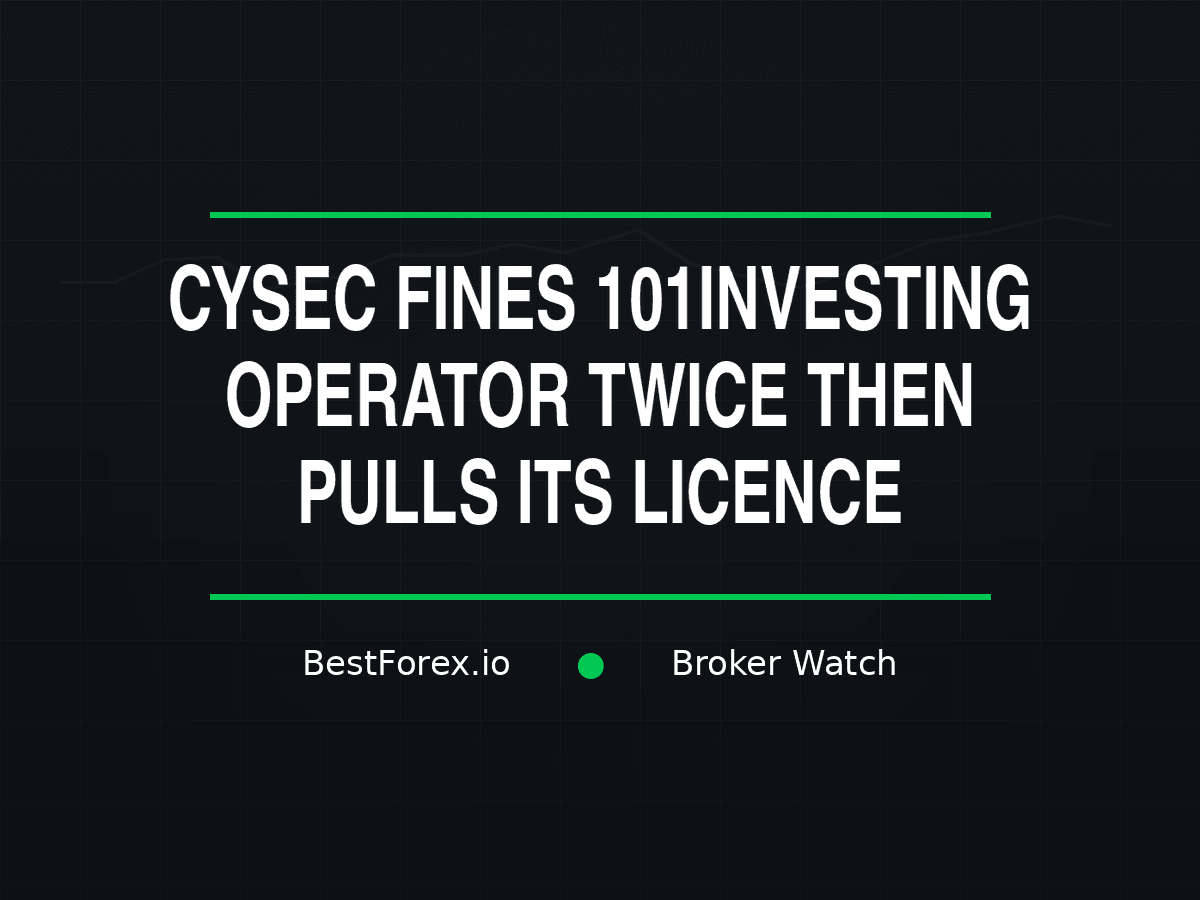 CySEC enforcement file stamped twice with fine notices for 101investing operator FXBFI, regulatory compliance documents and a withdrawn licence certificate — 101investing operator fined twice then loses licence. BestForex.io Broker Watch.
