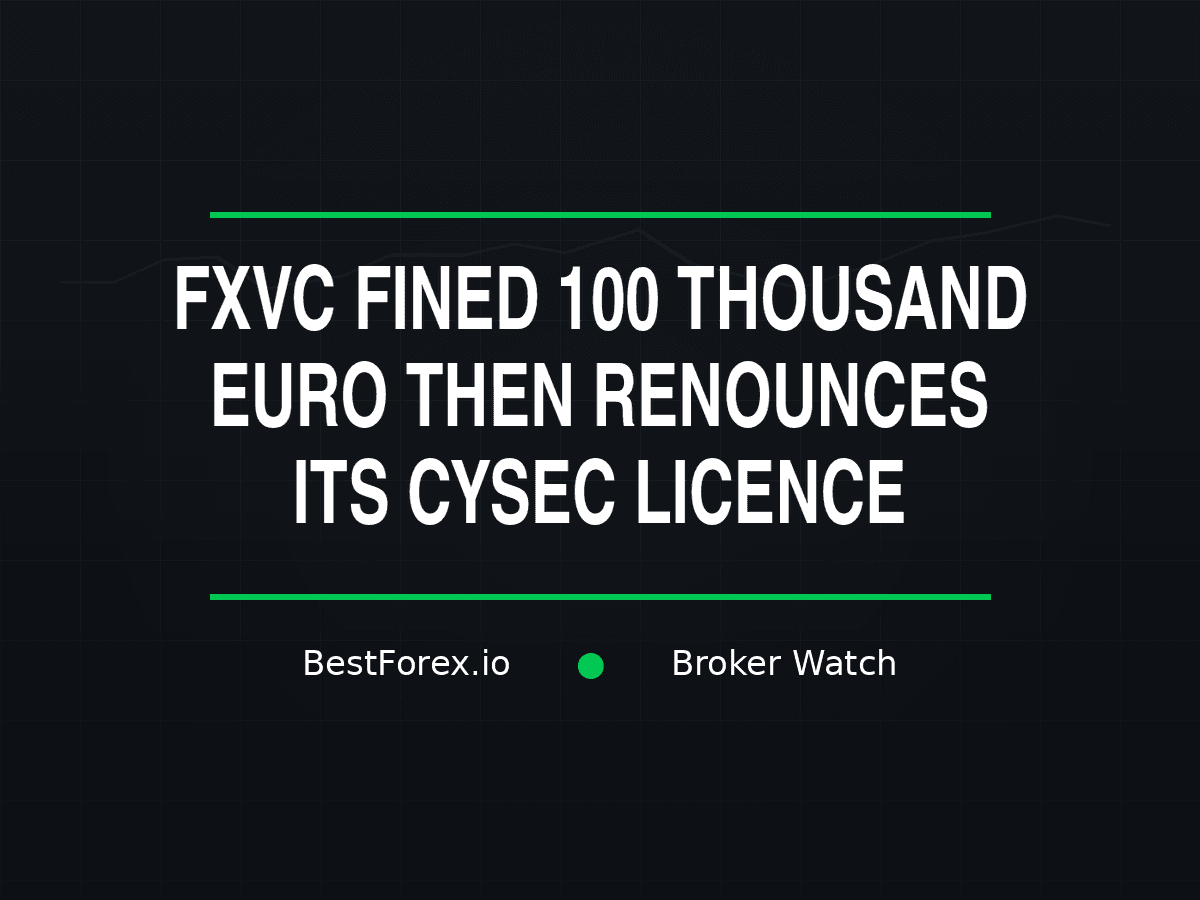 CySEC enforcement documents on a desk with FXVC branding in the background, a 100,000 euro fine notice and licence renunciation stamp — FXVC fined then renounces Cyprus licence. BestForex.io Broker Watch.