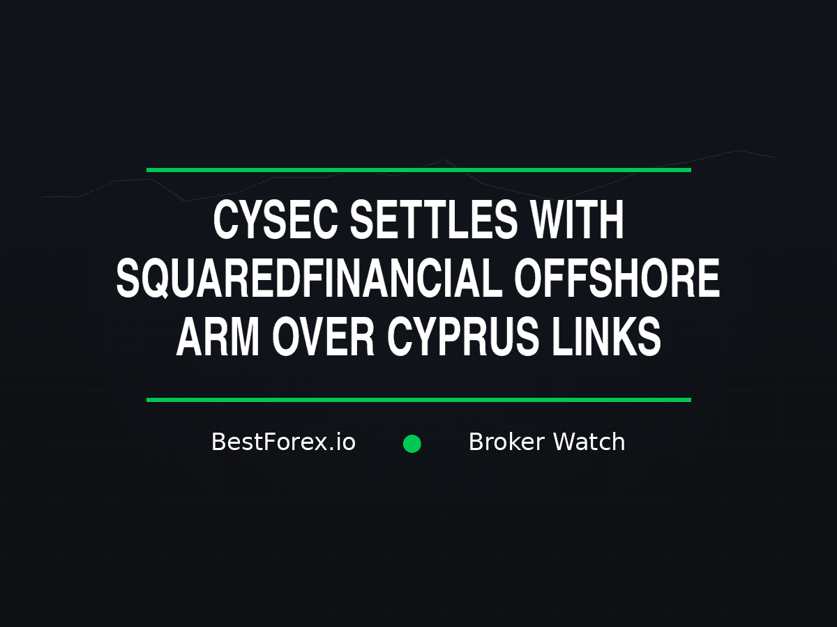 CySEC enforcement documents on a desk with SquaredFinancial branding, a settlement notice and Seychelles licence in background — CySEC settles with SquaredFinancial offshore arm SQ Sey over Cyprus links. BestForex.io Broker Watch.