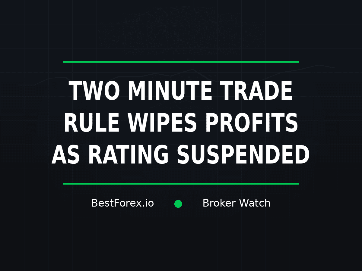 Funded Squad cover reads “Two minute trade rule wipes profits as rating suspended” over a dark market-grid background