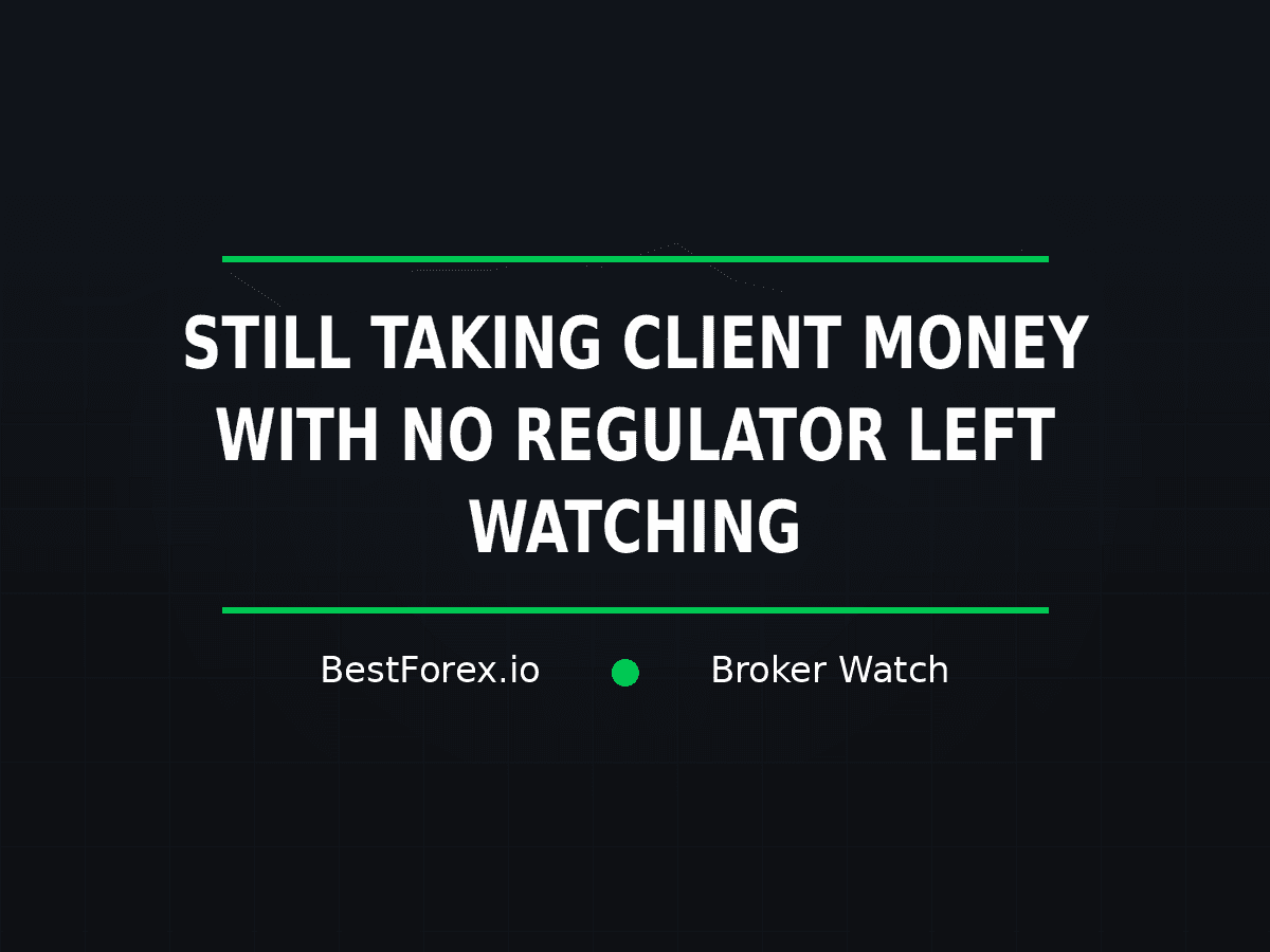 AAATrade cover reads “Still taking client money with no regulator left watching” over a dark market-grid background