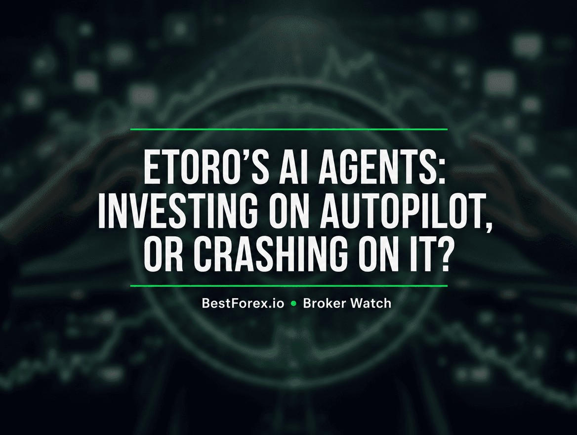eToro AI agents trading autopilot visualization — BestForex.io Broker Watch editorial analyzing AI-powered investment tools and Grok sentiment analysis risks