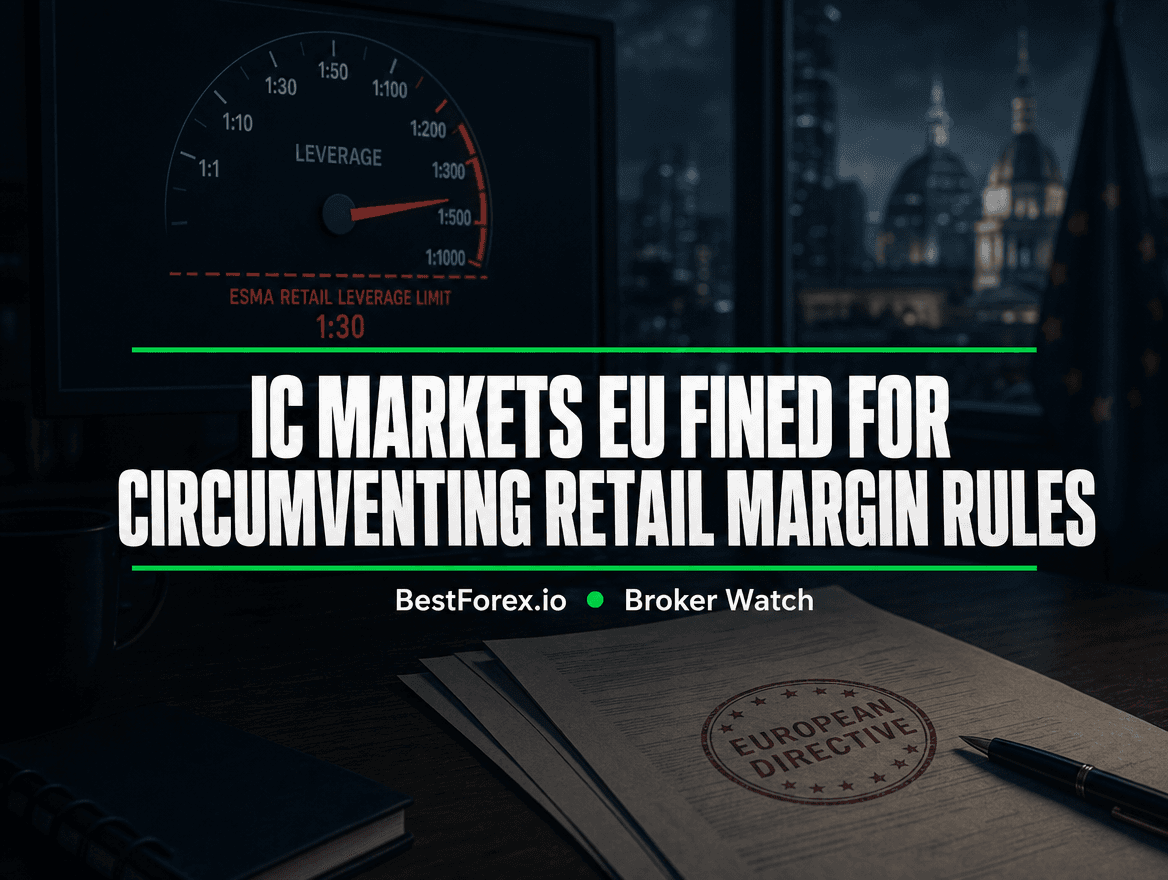 Dim European brokerage office at night with a trading terminal showing a leverage dial pushed past a regulatory limit line and a stamped European directive document on the desk — IC Markets EU fined EUR 200,000 by CySEC for circumventing retail margin rules. BestForex.io Broker Watch.