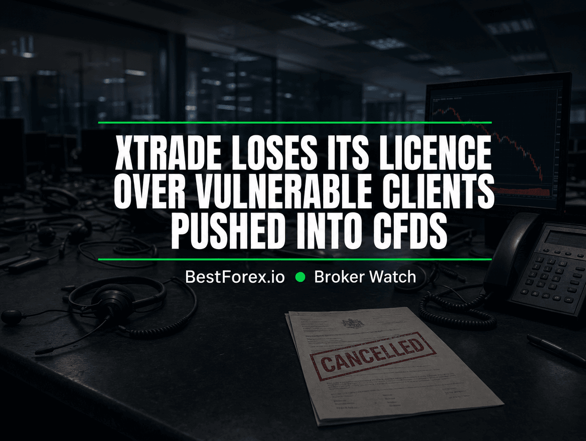 Dim trading floor at night with a declining price chart on a monitor and a stamped CANCELLED document resting on the desk — XTrade loses its licence over vulnerable clients pushed into CFDs. BestForex.io Broker Watch.