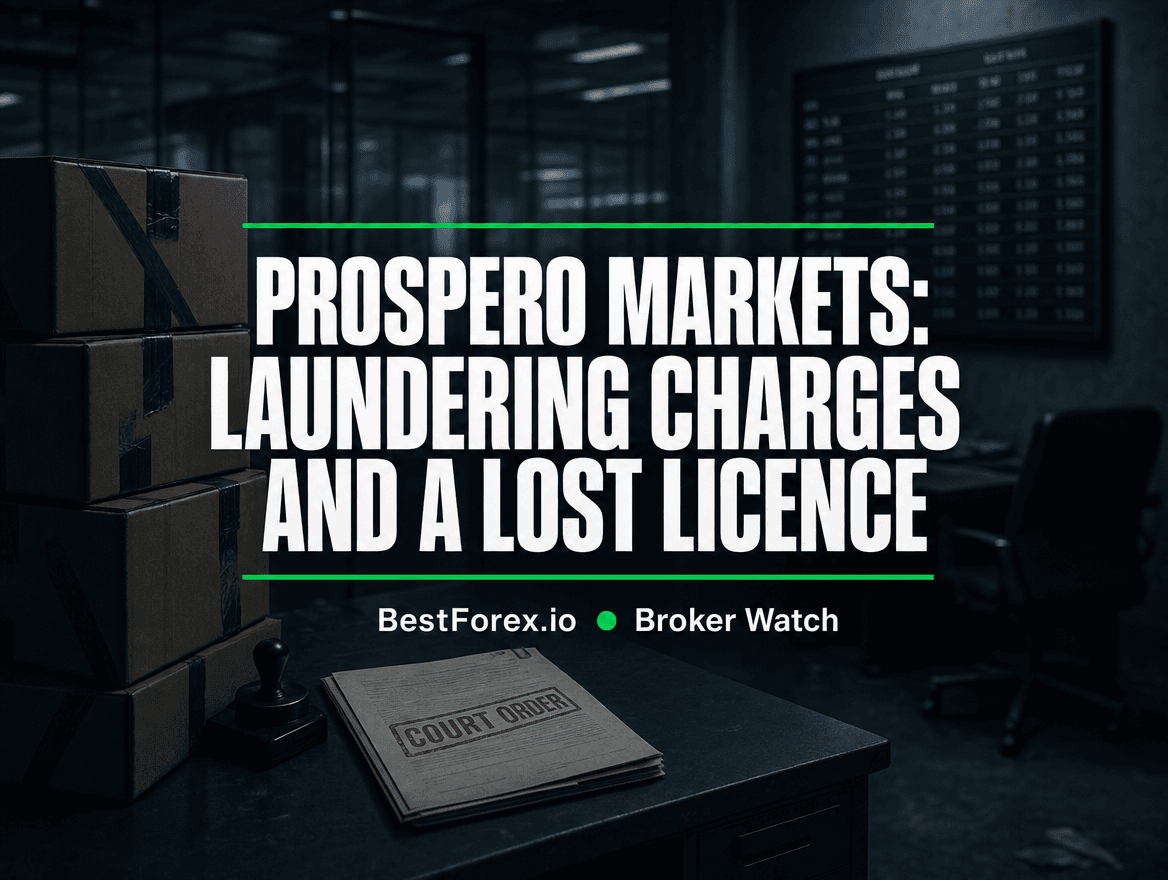 Dim Australian brokerage office sealed and abandoned, a forex rate board frozen on the wall, sealed evidence boxes stacked beside a bare desk with a stamped court order resting on top — Prospero Markets licence cancelled after money laundering charges. BestForex.io Broker Watch.