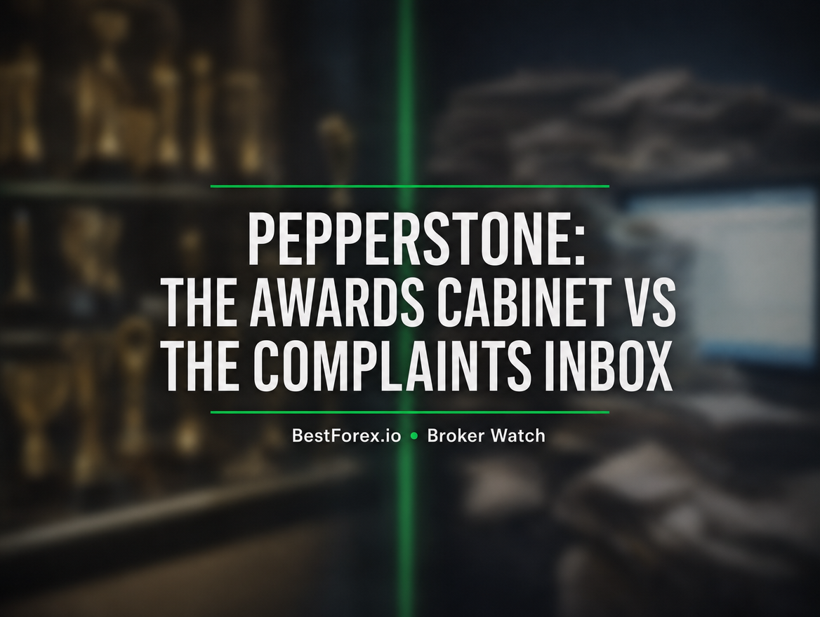 Split-screen of gleaming award trophies versus overflowing complaint letters — BestForex.io Broker Watch editorial comparing Pepperstone's marketing image with user experience
