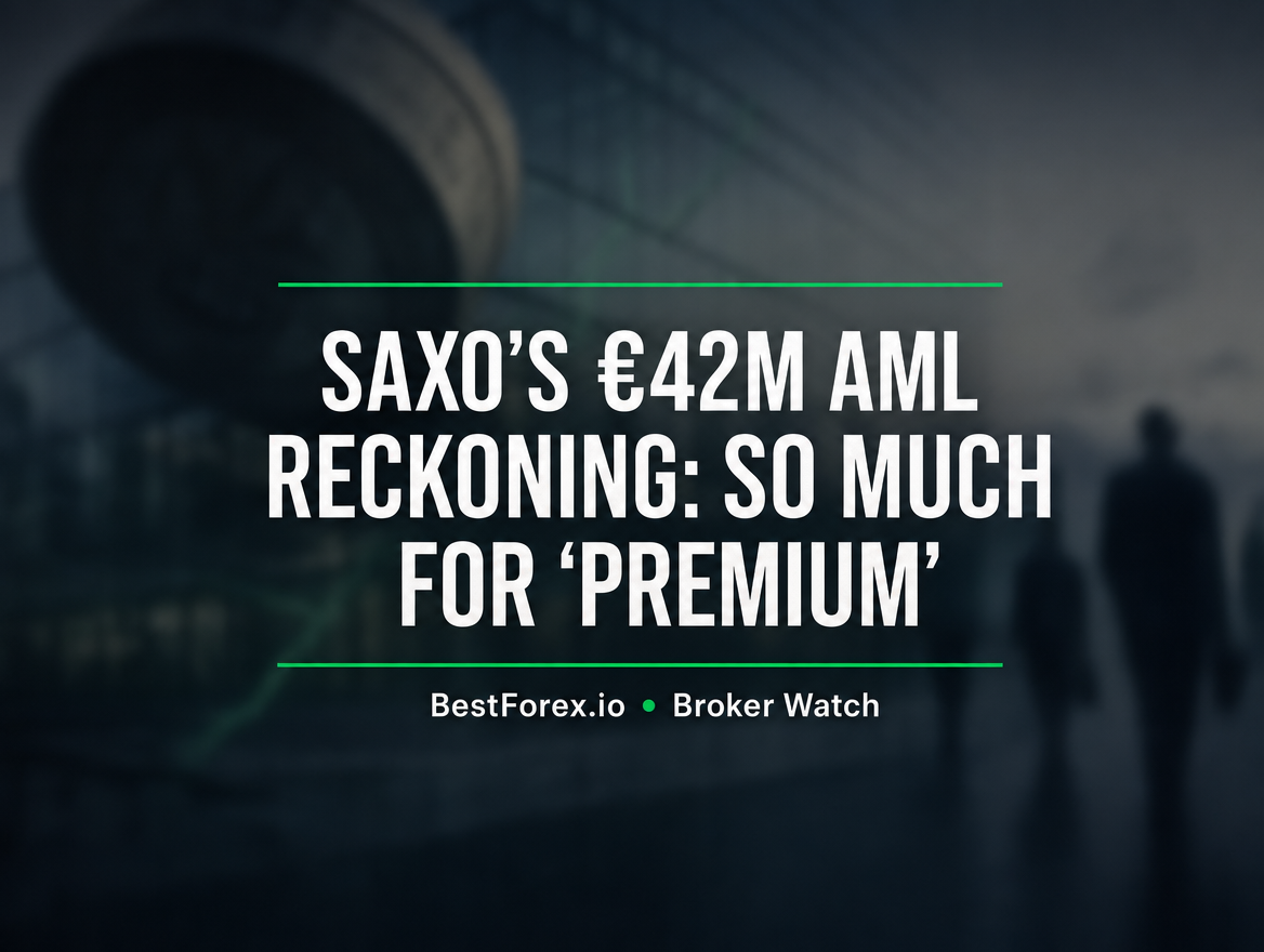 Saxo Bank headquarters with hairline crack — BestForex.io Broker Watch editorial cover for €42m AML reckoning analysis